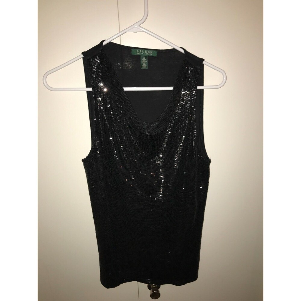 LAUREN RALPH LAUREN Black Viscose Jersey Sequin Long Sleeveless Top L V-Neck